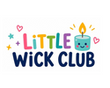 A colorful graphic logo reading 'LITTLE WICK CLUB' on a plain white background, with a smiling candle illustration and small star and heart accents.