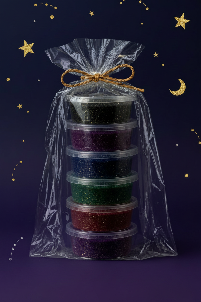 Dark Colour Kit with Glitter — dark glittery sand wax pots in clear gift bag